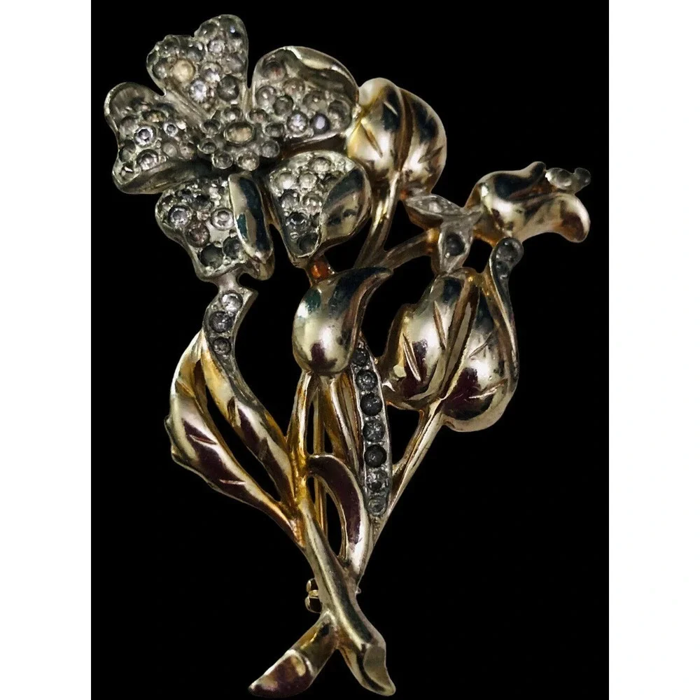 Vtg Sterling Silver Brooch Flower Rock Crystal Gems Big Pin Rare 22 Gram
